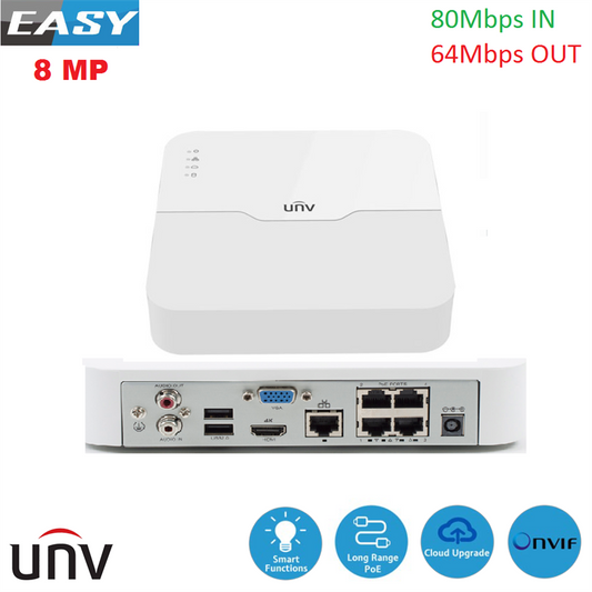 NVR 4CH, 8MP, PoE, 80/64 Mbp/s, 4K HDMI-Out, SIP, HumanBody