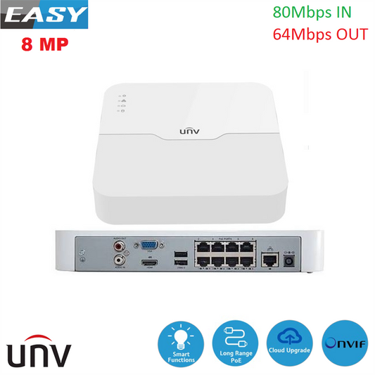 NVR 8CH, 8MP, PoE, 80/64 Mbp/s, 4K HDMI-Out, SIP, HumanBody